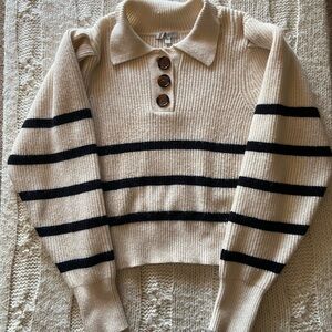 Cream Collared Stripe Button Sweater